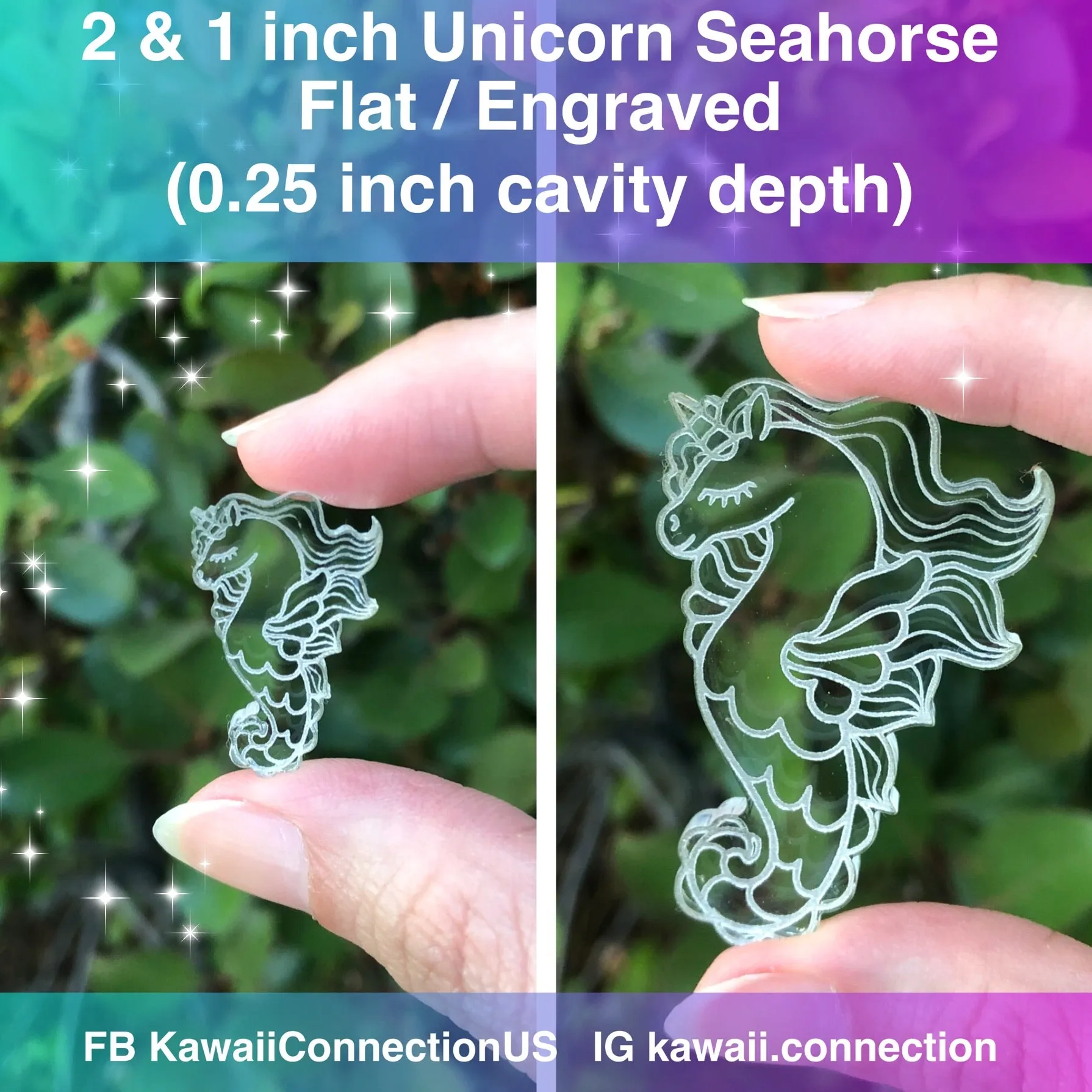 1 & 2 inch Unicorn Seahorse Magical Creature Flat Engraved Resin Silicone Mold for Hair Bows, Barrettes, Pendant & Earring Charms, Zipper Pulls, Stitch Marker, Needle Minder