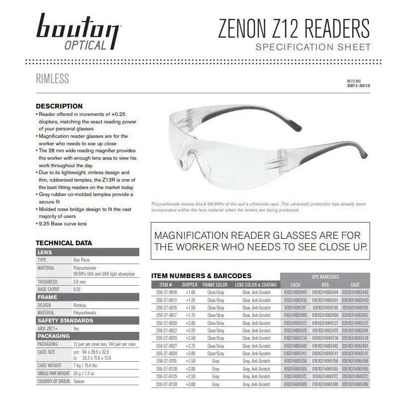 Bouton Zenon Z12R Bifocal Safety Glasses with Black Temple Trim and Clear Lens