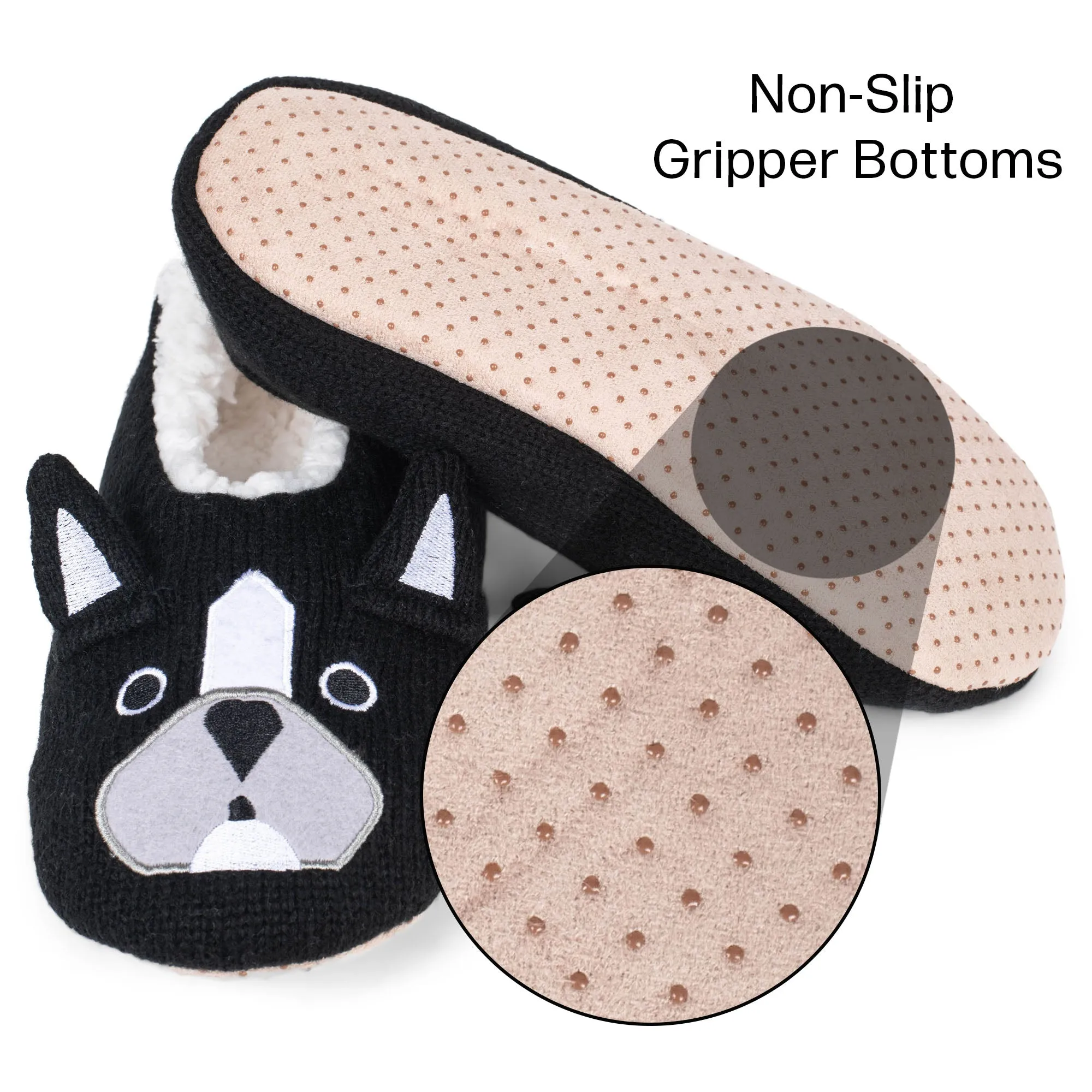 Bulldog Black Women's Animal Cozy Plush Lined Non Slip Fuzzy Slipper - Medium