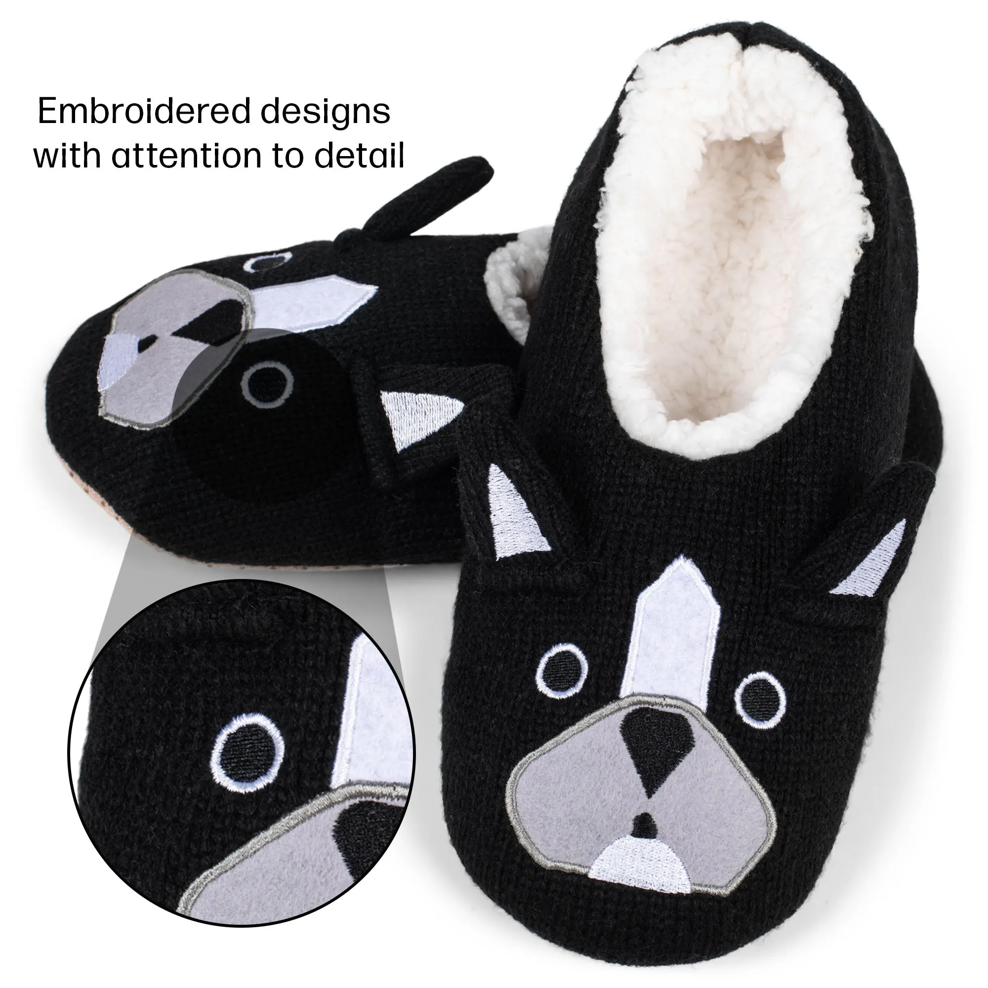 Bulldog Black Women's Animal Cozy Plush Lined Non Slip Fuzzy Slipper - Medium