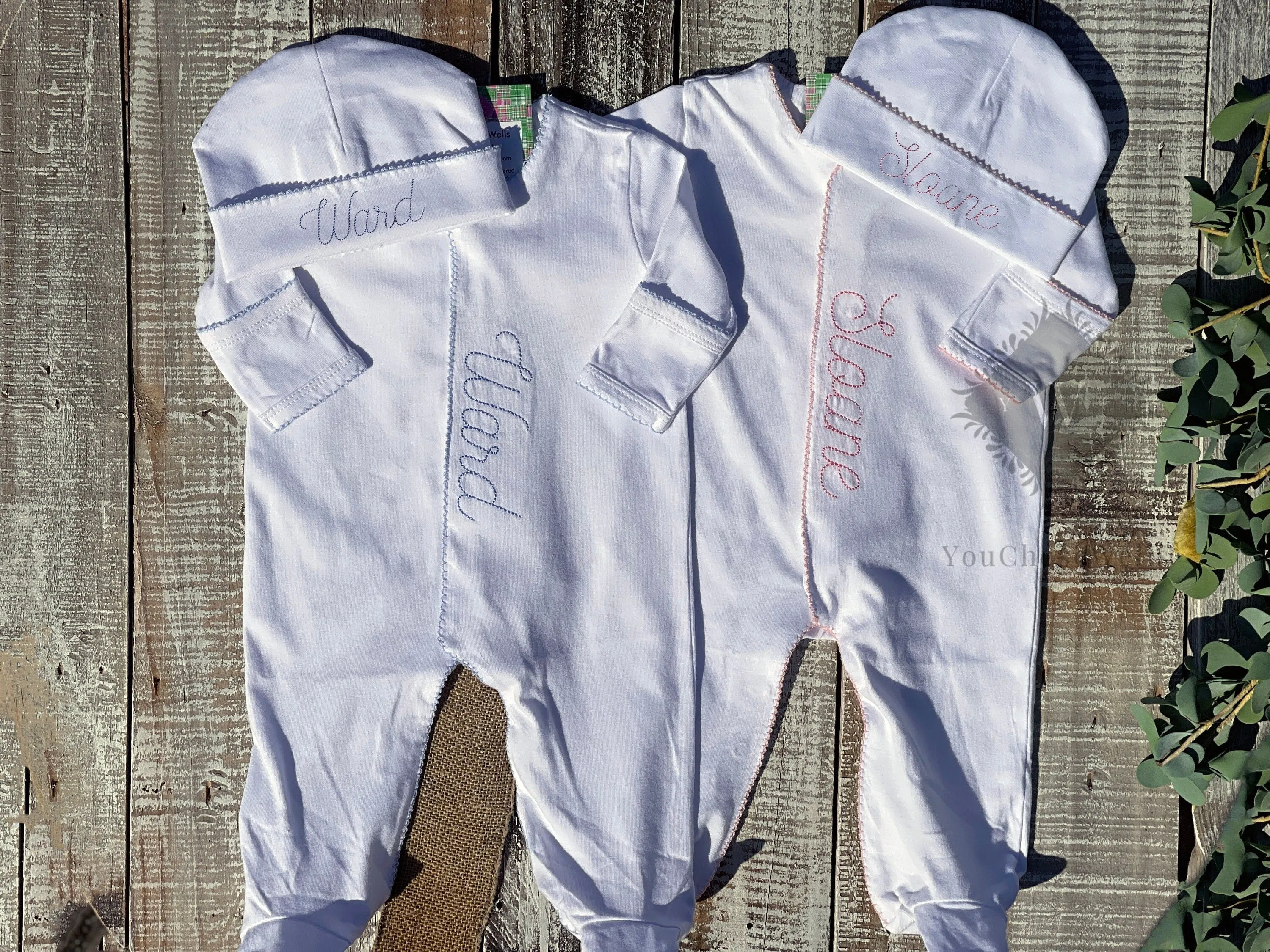 Custom Embroidered, Personalized, Monogrammed Picot Baby Footie, Hat, and Blanket