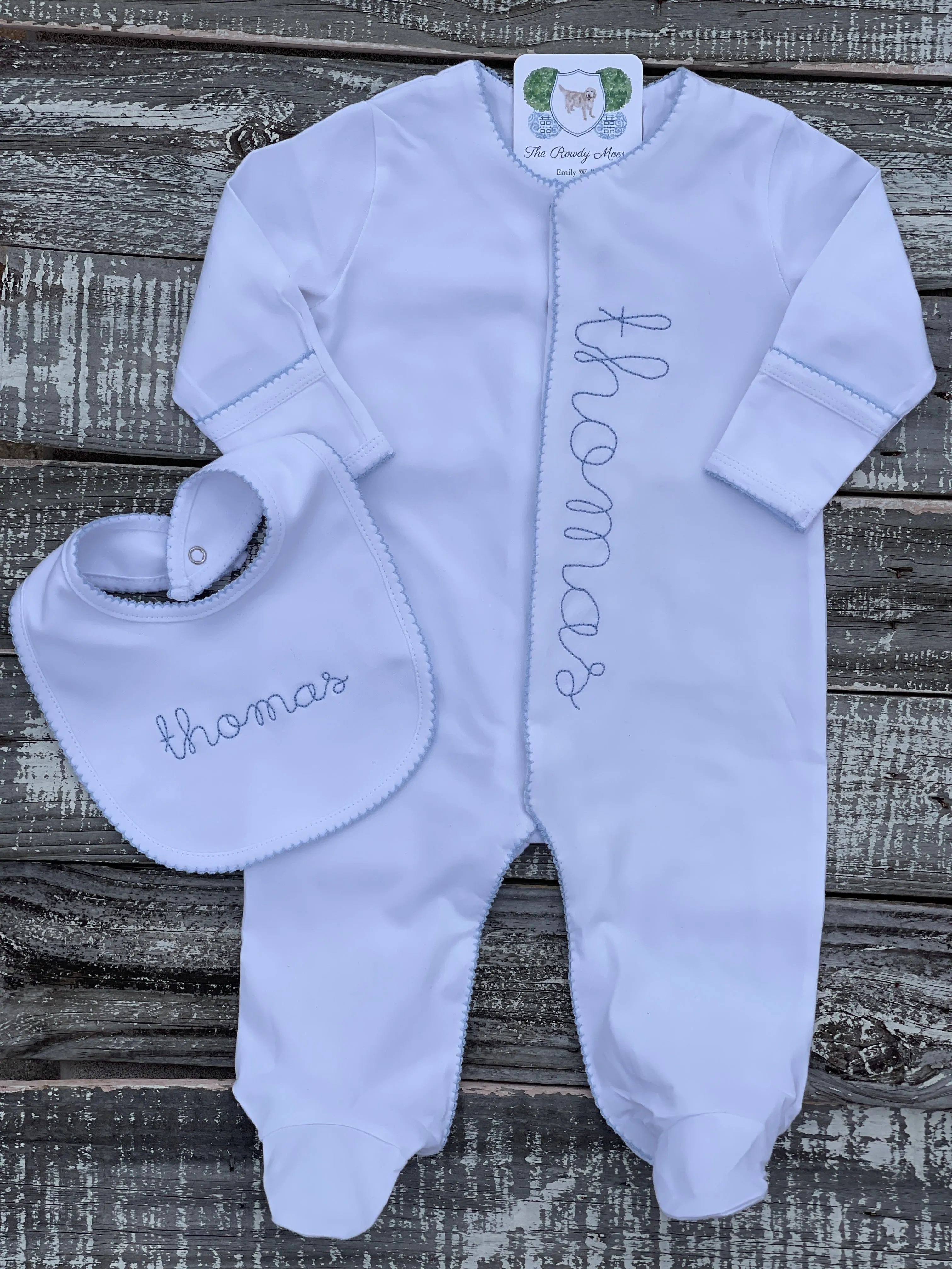 Custom Embroidered, Personalized, Monogrammed Picot Baby Footie, Hat, and Blanket