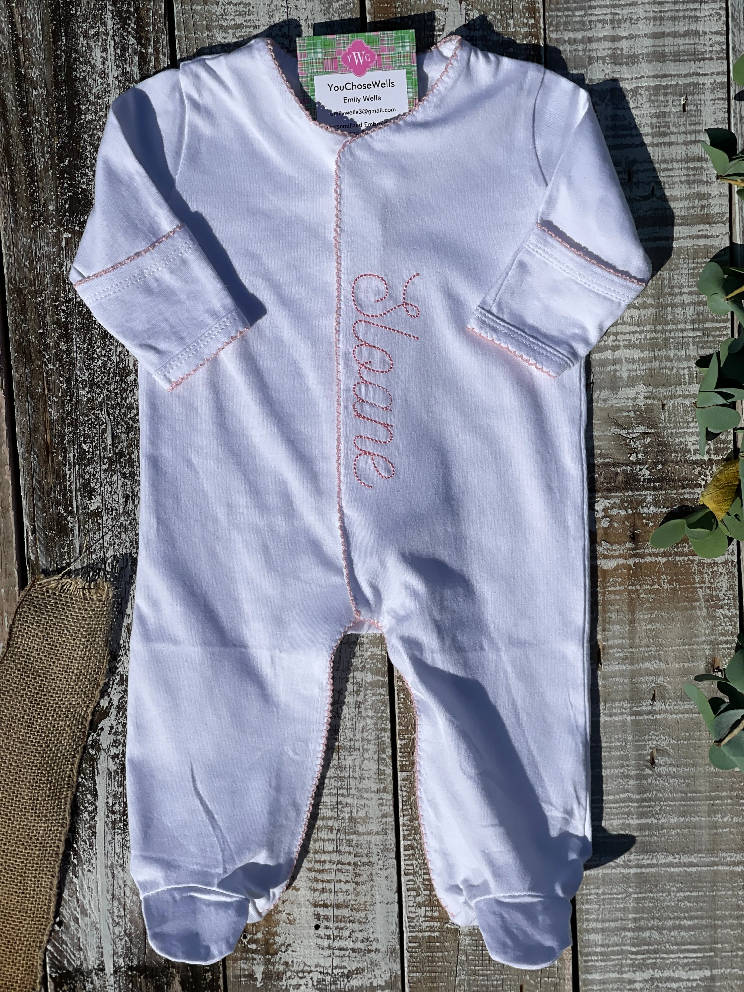 Custom Embroidered, Personalized, Monogrammed Picot Baby Footie, Hat, and Blanket