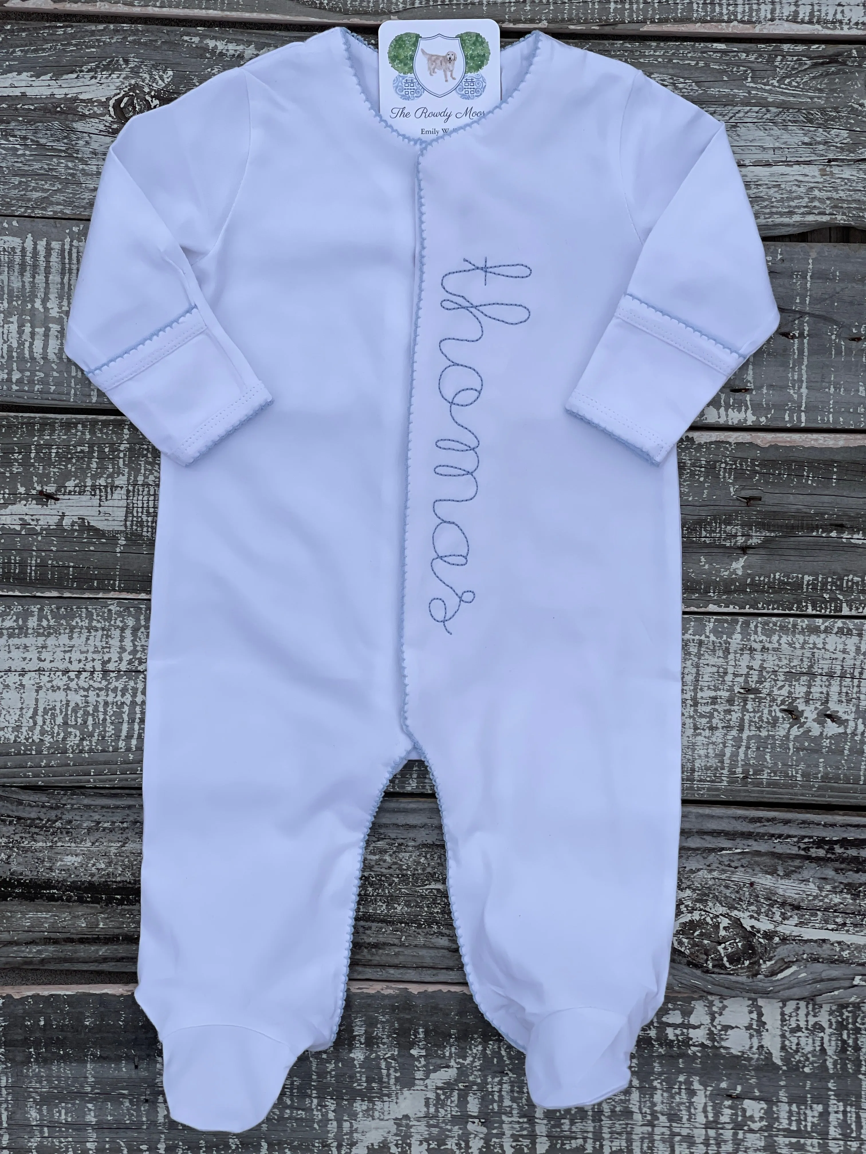 Custom Embroidered, Personalized, Monogrammed Picot Baby Footie, Hat, and Blanket