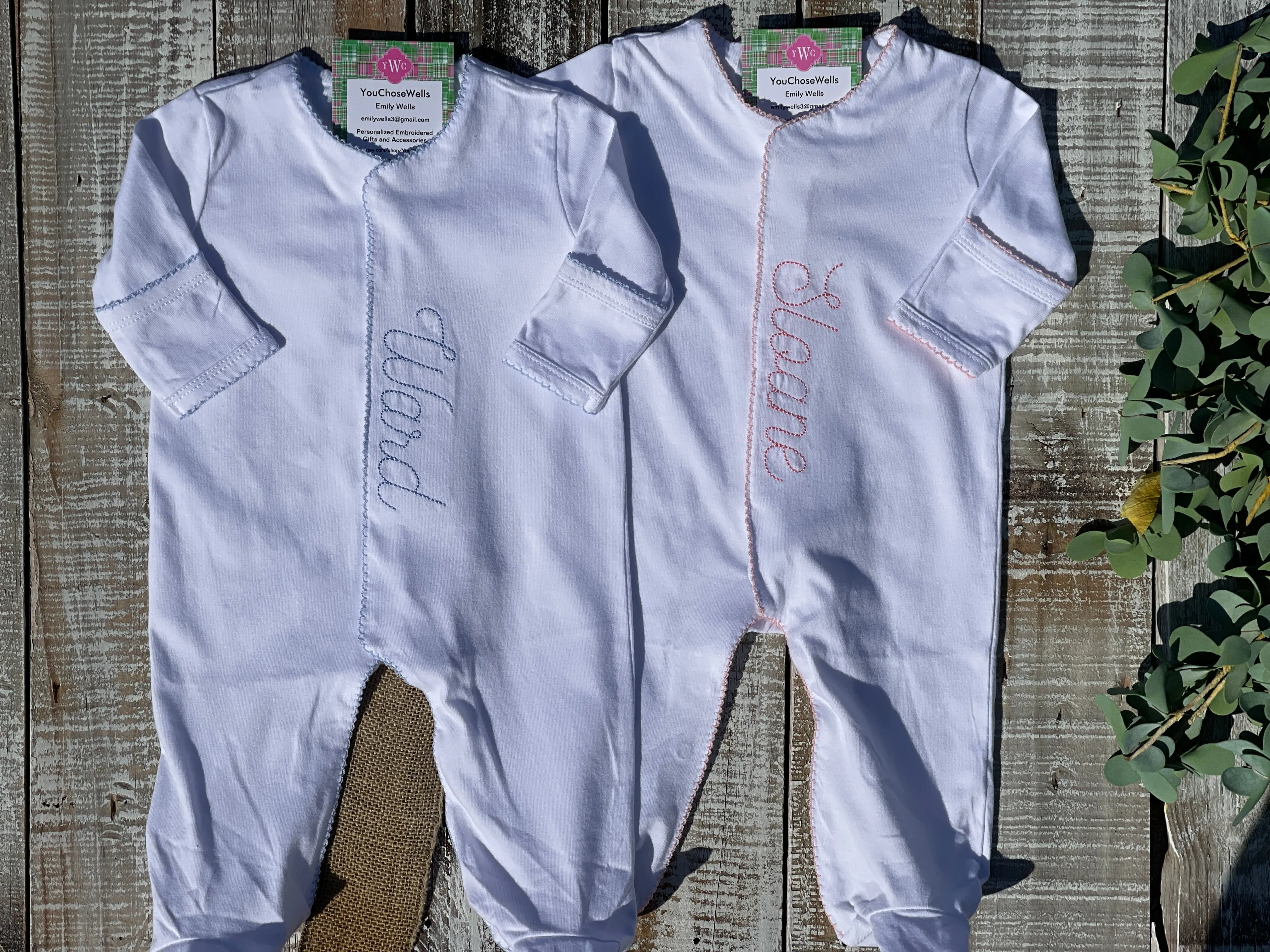 Custom Embroidered, Personalized, Monogrammed Picot Baby Footie, Hat, and Blanket