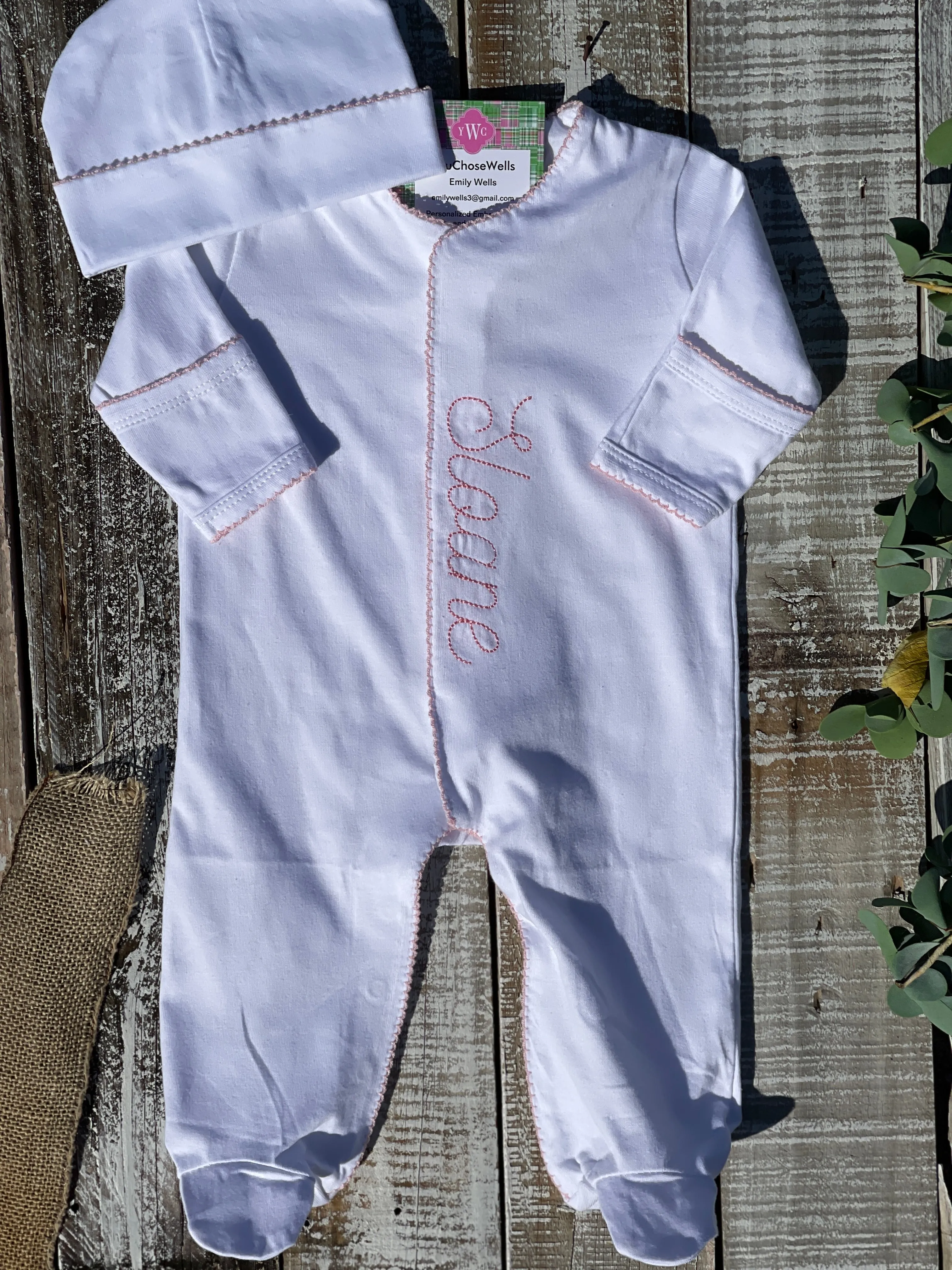 Custom Embroidered, Personalized, Monogrammed Picot Baby Footie, Hat, and Blanket