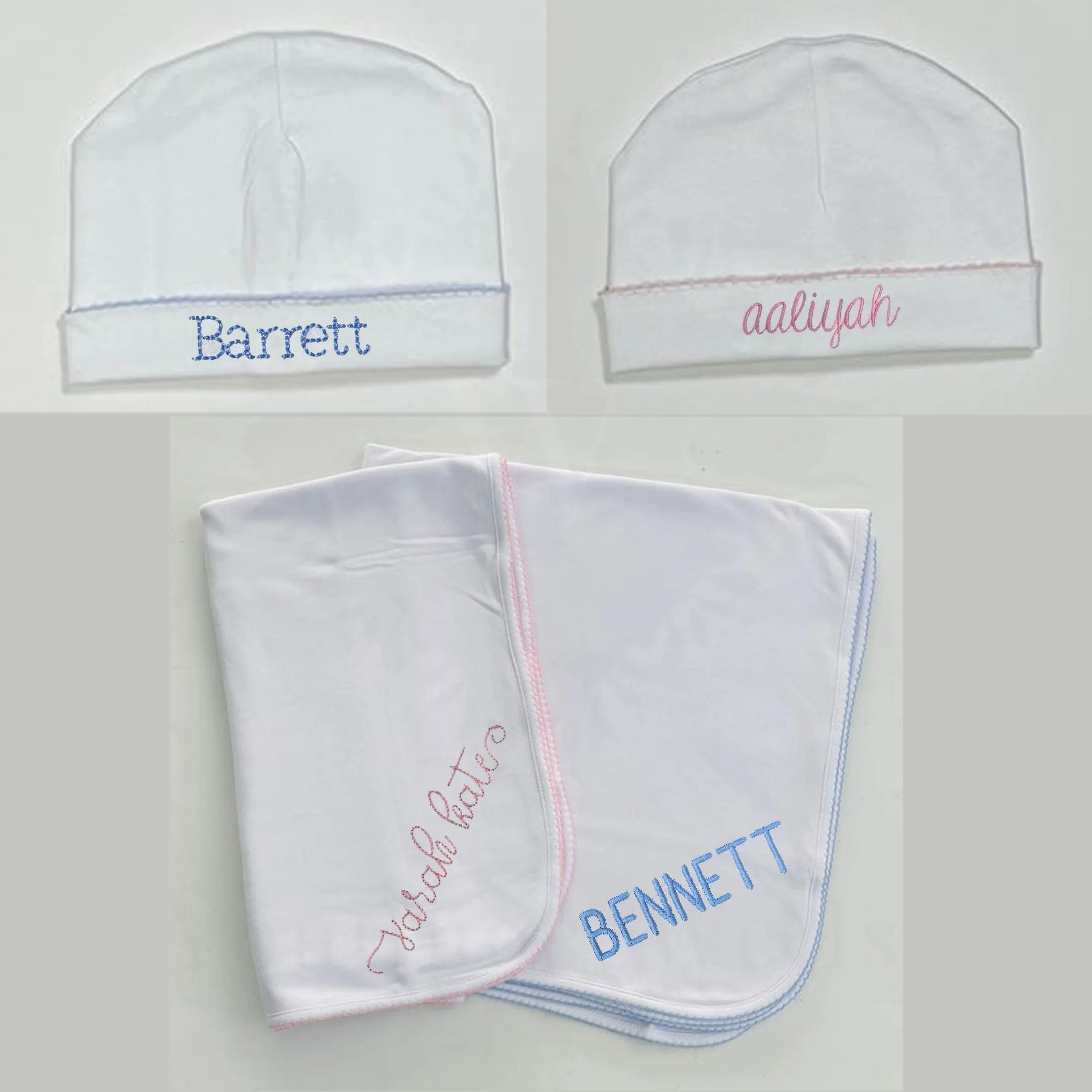 Custom Embroidered, Personalized, Monogrammed Picot Baby Footie, Hat, and Blanket