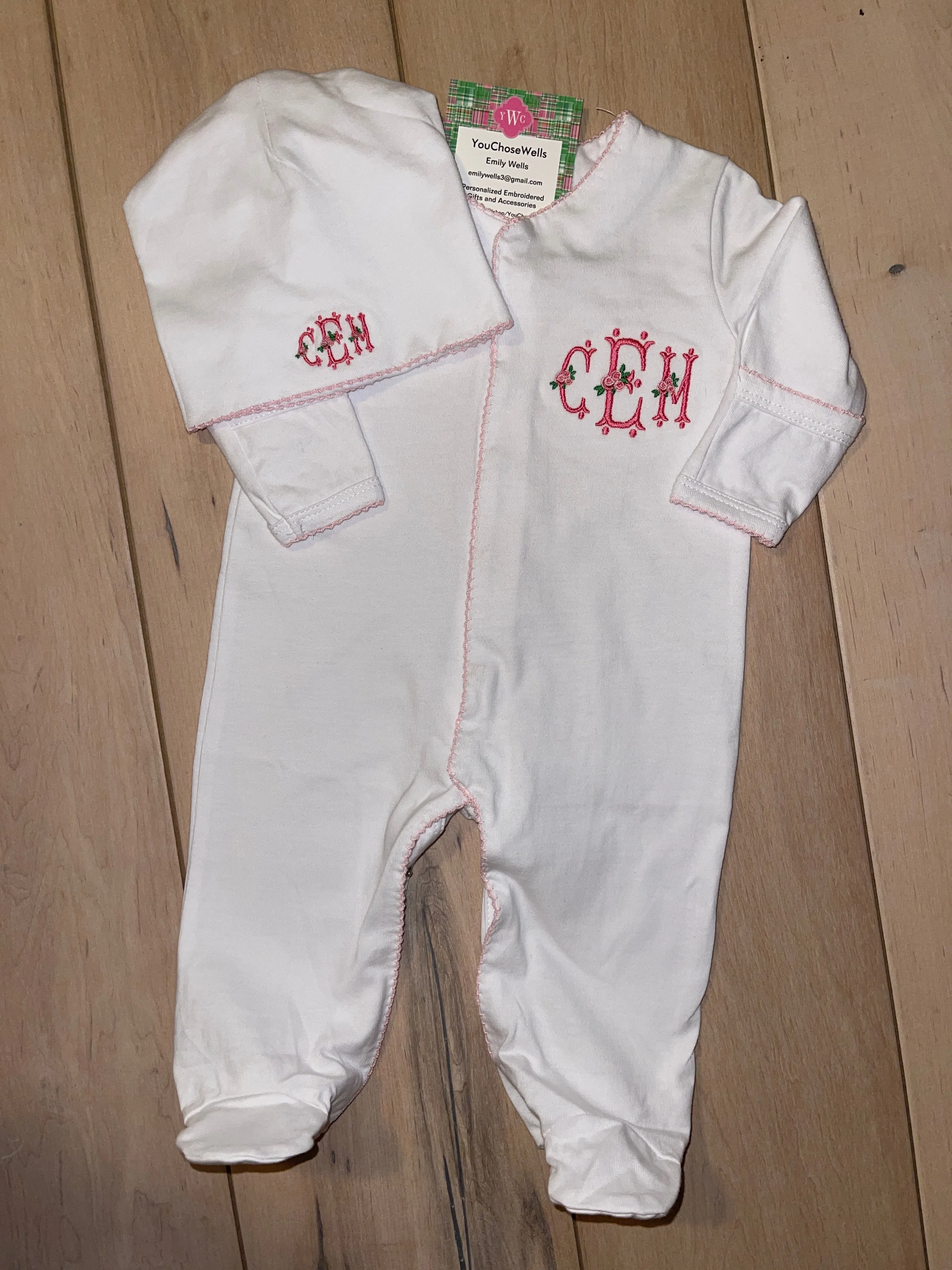 Custom Embroidered, Personalized, Monogrammed Picot Baby Footie, Hat, and Blanket