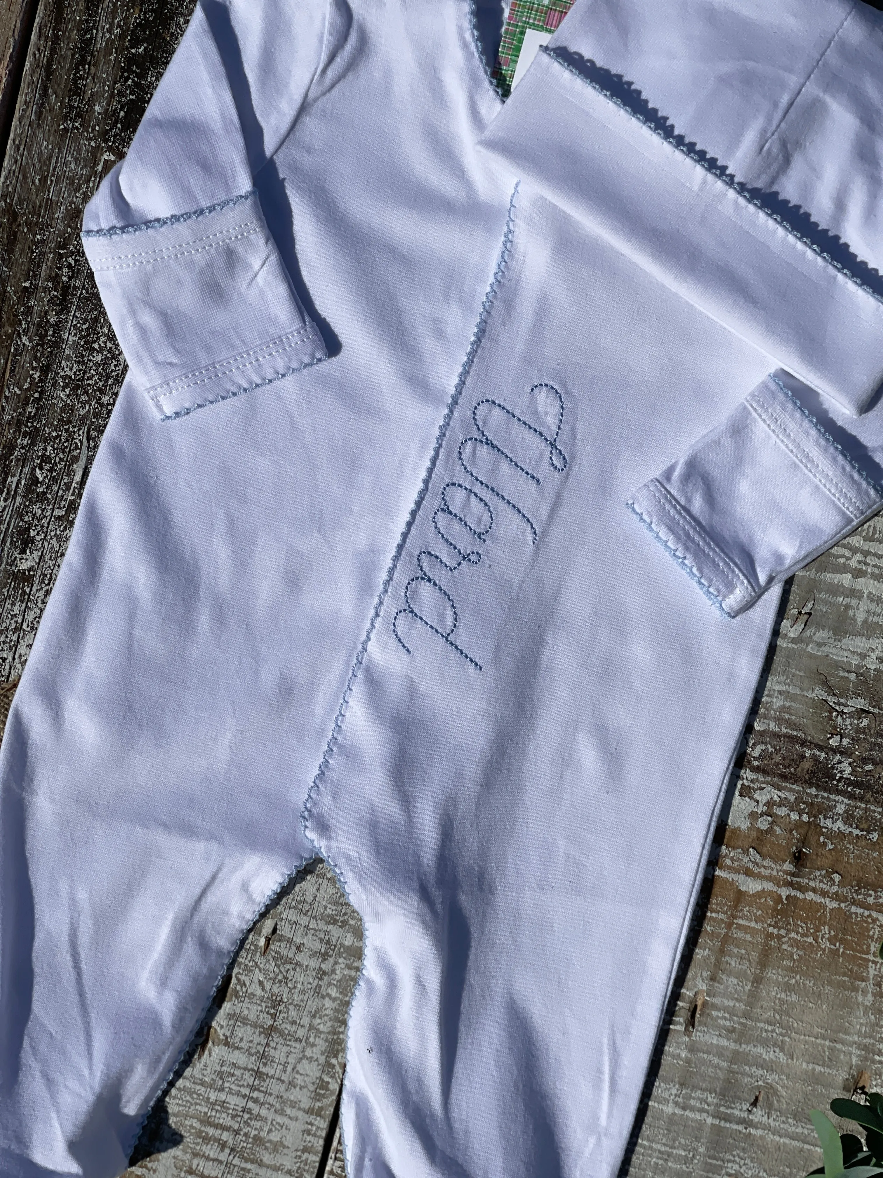 Custom Embroidered, Personalized, Monogrammed Picot Baby Footie, Hat, and Blanket