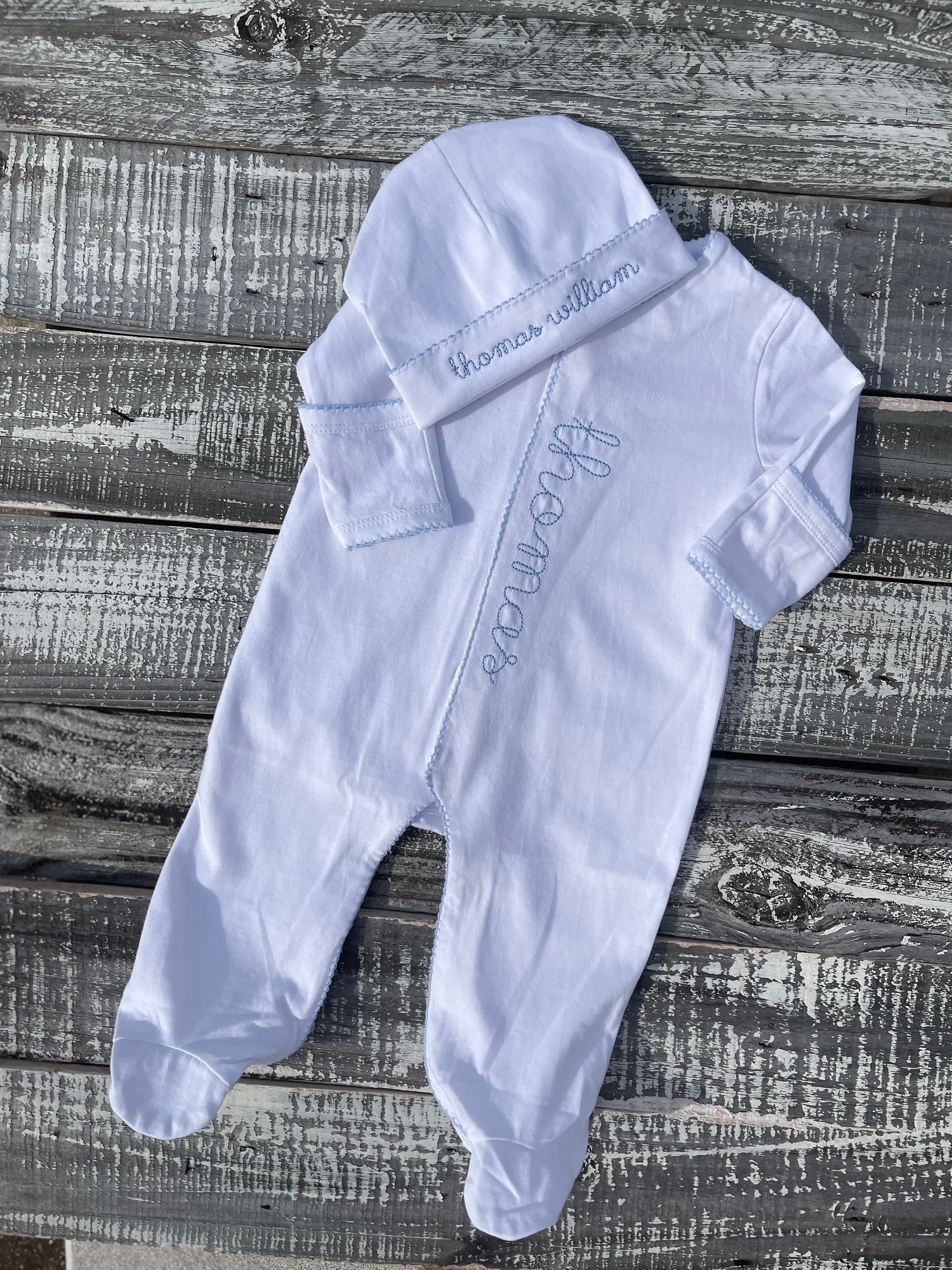 Custom Embroidered, Personalized, Monogrammed Picot Baby Footie, Hat, and Blanket